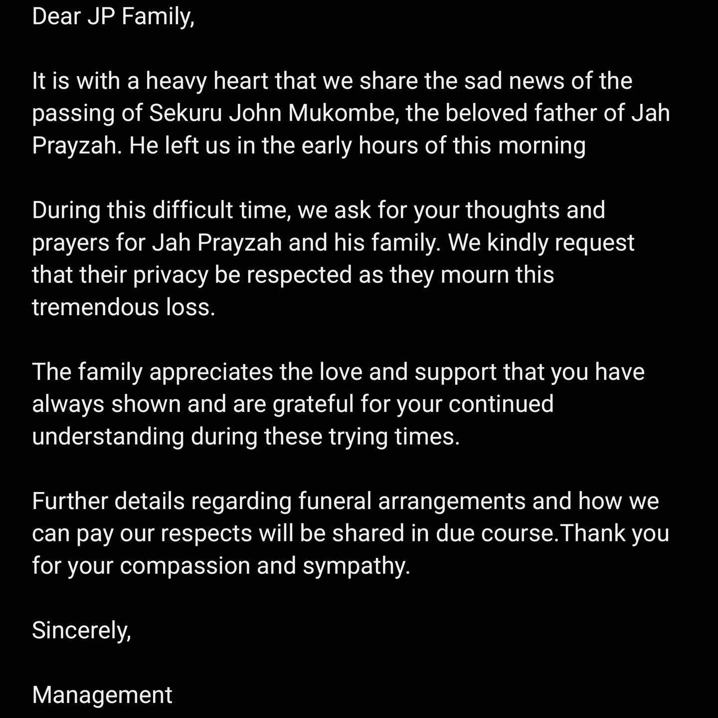 Jah Prayzah's father has passed away